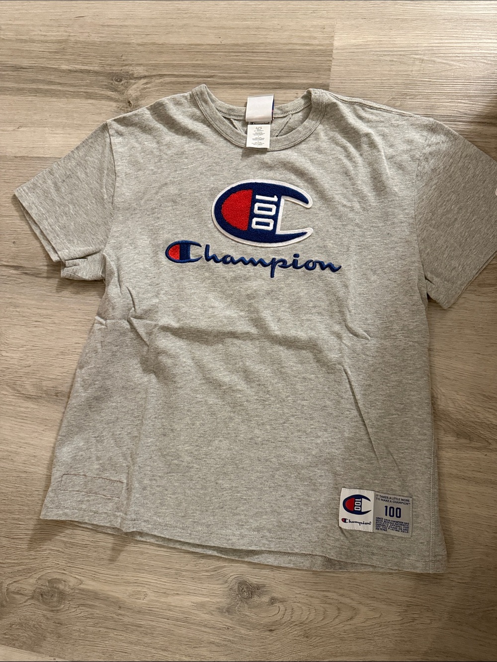Champion Kids Light Gray Tee with Red & Blue Logo